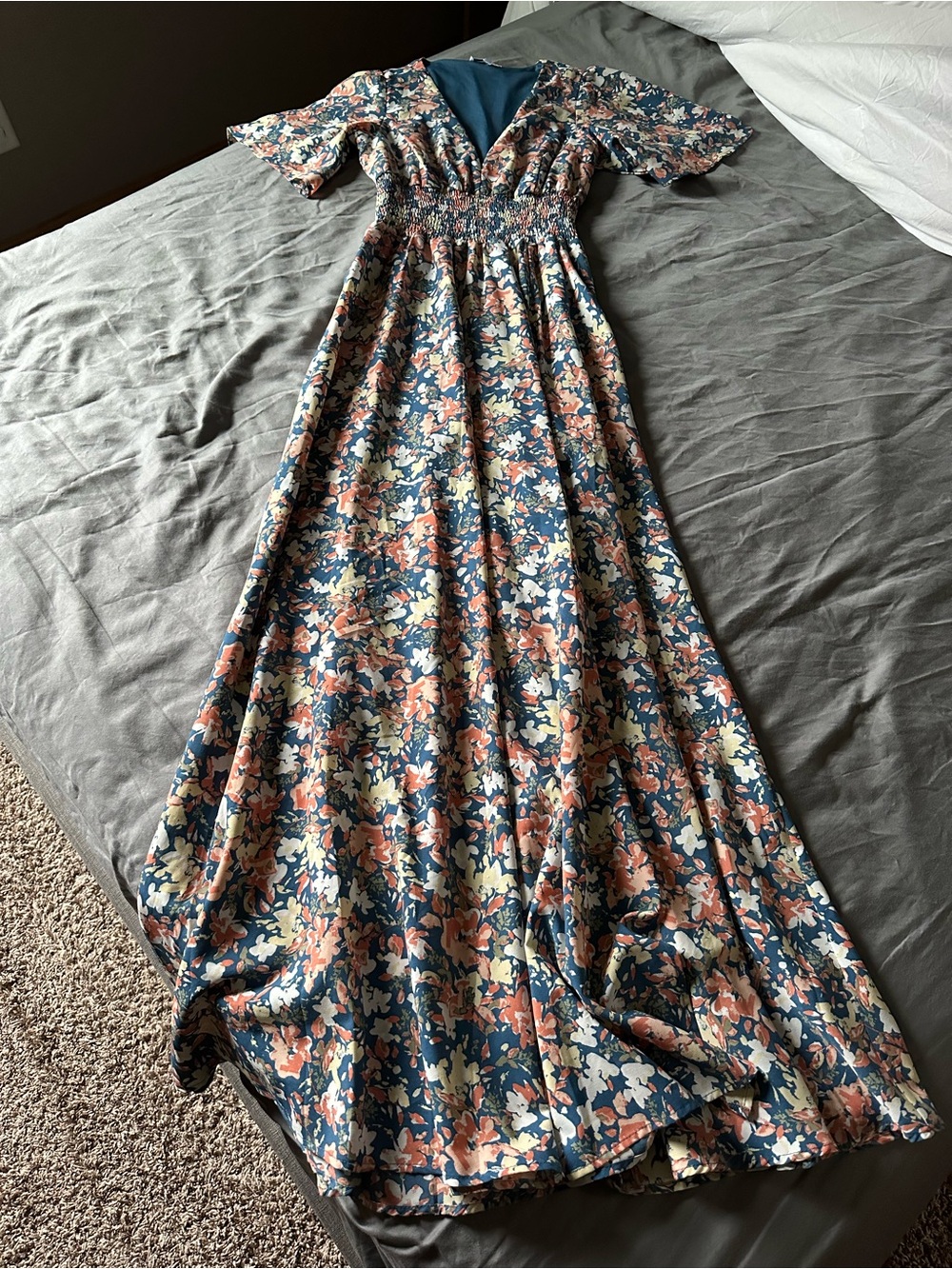 Baltic Born Floral Smocked Maxi Dress in Navy, Coral, Cream